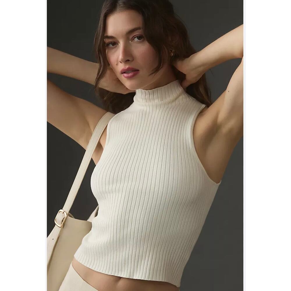 Reformation Tallulah Ribbed Sleeveless High Neck Sweater Tank Top Cream L